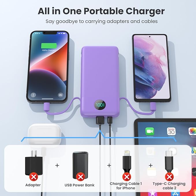 Portable Charger 13800mAh Slim USB C Power Bank with Built in Cables and Wall Plug,LCD Display Lightweight Travel Battery Pack,PD Fast Charging Compatible with iPhone 15,14,Samsung Android-Purple