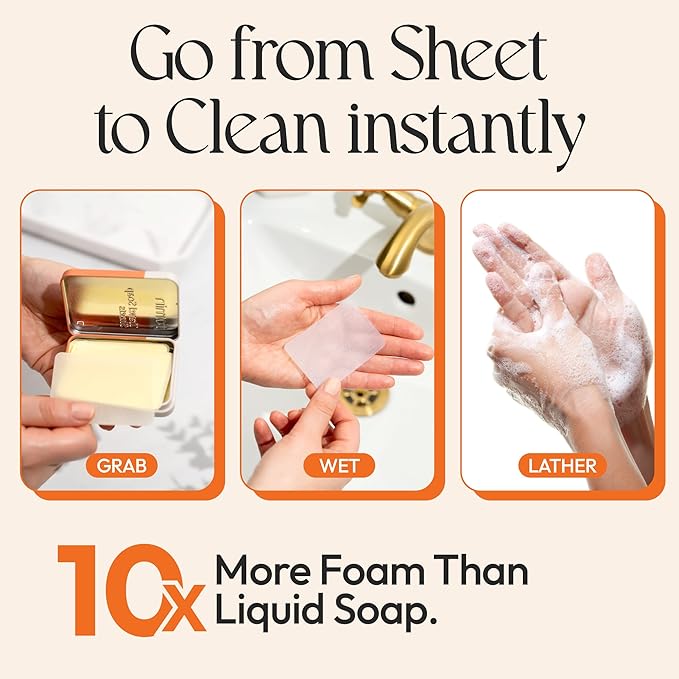 FOMIN - Antibacterial Paper Soap Sheets for Traveling - 100 Orange Portable Hand Soap Sheets for Travel in Tin - Dissolvable Mini Portable Travel Soap Sheet for Hand Washing, Camping and Hiking