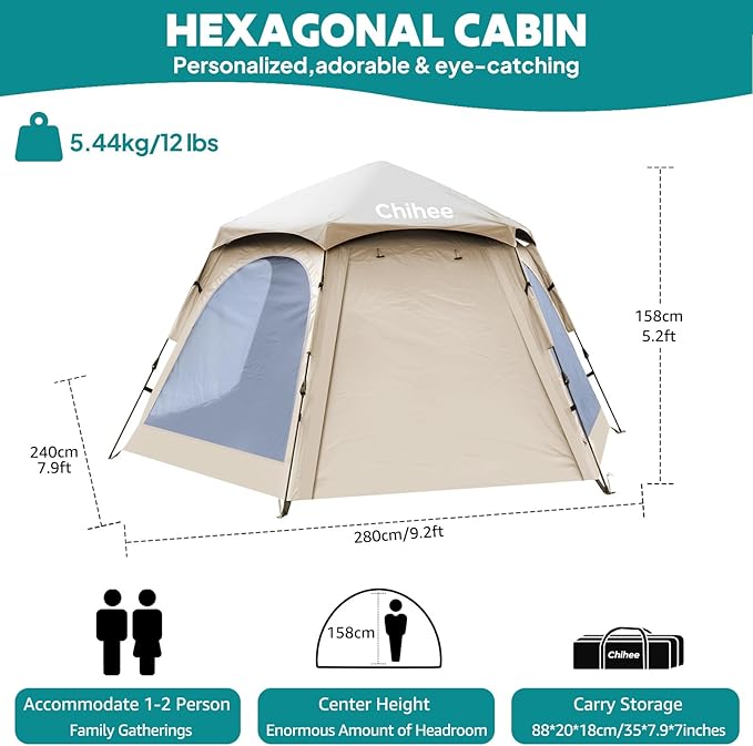 Chihee Camping Tents Pop Up Hexagonal Tent Easy Setup Instant PU Coated Polyester Family Cabin with Rainfly Waterproofing UV Protection Winproof Outdoor Shelter 2 Doors 4 Windows Mesh Ventilation