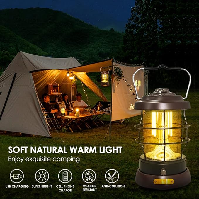 UniqueFire Retro Camping Lantern Rechargeable 1500LM 2 Modes Dimmable,Portable Electric Hurricane Lamp Hands-Free Flashlight,5000 mA High Capacity Battery LED Lanterns for Power Outages Indoor