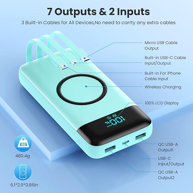 Wireless Portable Charger 40800mAh for iPhone with 3 Built-in Cables,7-in-1 15W Wireless Charging USB C Power Bank,LCD Display 25W PD QC 4.0 Fast Charging Battery Pack for iPhone 16/15/14/13/12-Green