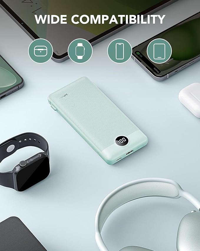 VRURC Portable Charger Built-in Cables and AC Wall Plug, USB C Power Bank 10000mAh, Travel Battery Portable Phone Charger Compact Lightweight External Battery Pack for Smart Phones, Tablets etc-Green