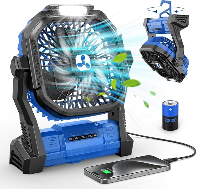 Portable Fan Rechargeable, Cordless Battery Powered Fan with LED Lantern 20000mAh, USB C Battery Operated for Travel Bedroom Home Camping Tent Office Beach Desk Picnic Barbecue Fishing Table