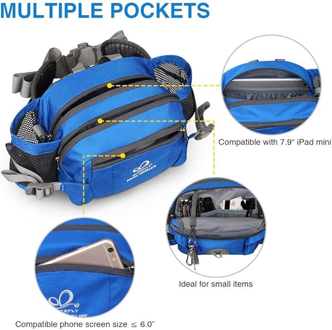 WATERFLY Fanny Pack Waist Bag: Fannie Pack 2 Water Bottle Holders Lumbar Belt Hiking Walking Running Jogging Camping Large Woman Man (Bottle Not Included)