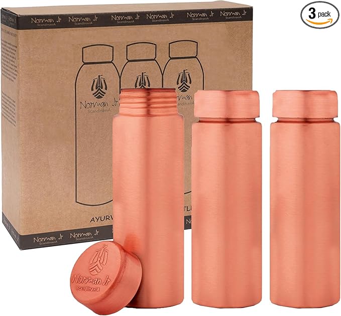 NORMAN JR Copper Water Bottle 400ml - Gift Box of 3, Slim Plain, an Ayurvedic vessel made from pure copper - helps you drink more water, with many health benefits