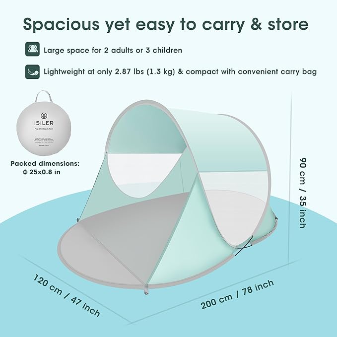 ISILER Pop Up Beach Tent, Portable Outdoor Shade, UPF 50+ Baby Shelter, Easy Setup Windproof Waterproof Canopy