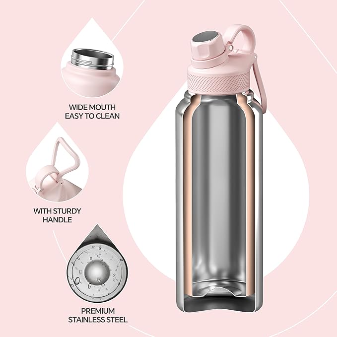 IDEUS Insulated Stainless Steel Water Bottle with 2 Leak-Proof Lids, Thermal Water Flask for Hiking Biking, 40oz, Light Pink