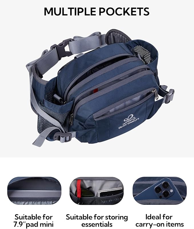 WATERFLY Fanny Pack Waist Bag: Fannie Pack 2 Water Bottle Holders Lumbar Belt Hiking Walking Running Jogging Camping Large Woman Man (Bottle Not Included)