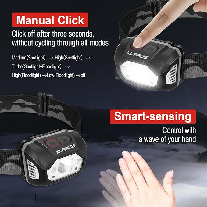 klarus HM1 IPX6 Waterproof Rechargeable Headlamp with Motion Sensor, 70 Hours Long Battery Life, Full Charge in 2.5 Hours, 440 Lumens Consistent Output, Shock and Drop Resistant