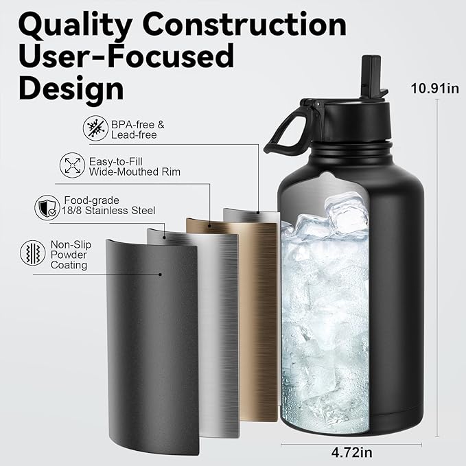 KXIAOCHEN Insulated Water Bottle, Stainless Steel Water Bottle, 2 Lids (Straw and Handle Lid),Wide Mouth Metal Water Bottles Keep Hot and Cold, Double Walled, Thermo Mug, Metal Canteen