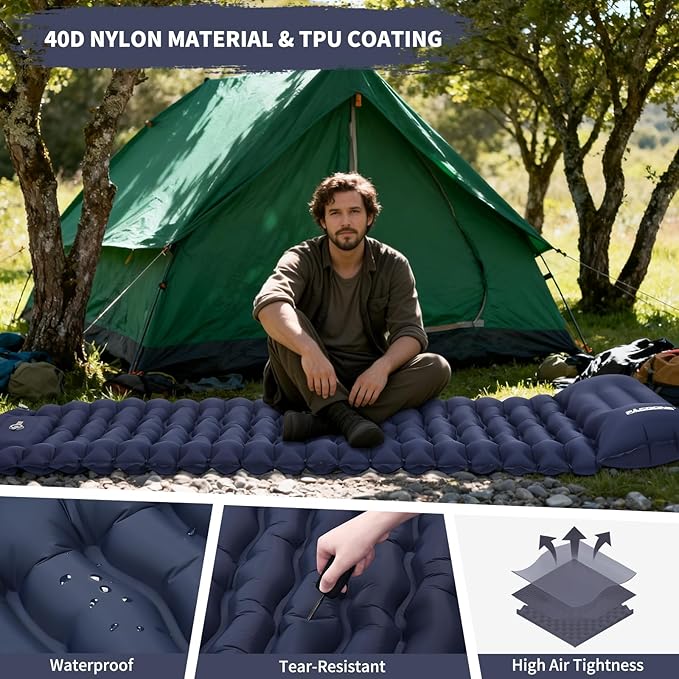 Camping Sleeping Pad, Connectable Design for Double Mat, Ultralight Inflatable Sleeping Mat with Pillow, Built-in Foot Pump, Portable Camping Air Mattress for Backpacking Hiking Tent (Navy)