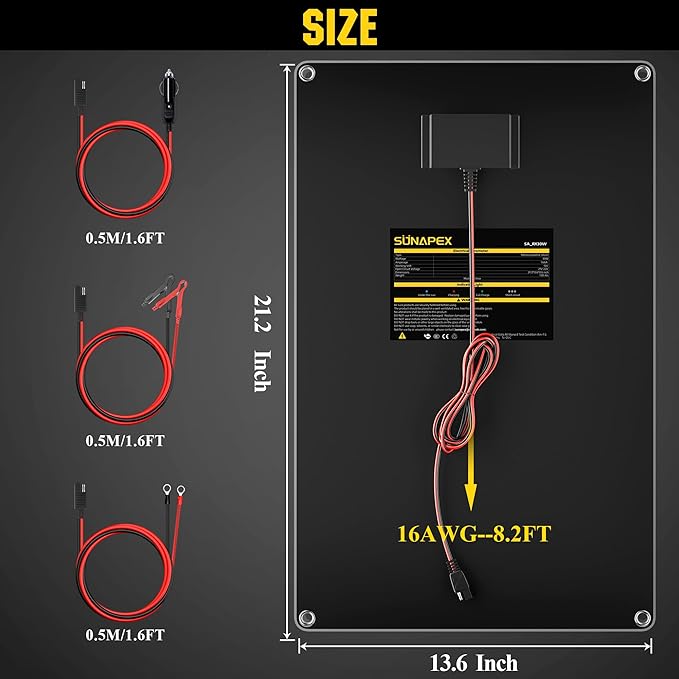 SUNAPEX 30W 12V Solar Panel Battery Charger Maintainer, Portable Waterproof Solar Trickle Charger with Built-in Charge Controller, Cig Plug, Alligator Clips, O-Rings for Car, Truck,Tractor, Boat, etc