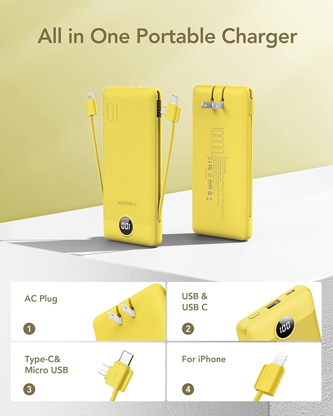 VEGER Portable Charger with Built-in AC Plug and Cables, All in One 10000mAh Ultra-Slim Power Bank, 15W Fast Charging for iPhone, Samsung, Android, Travel Essential (Yellow)