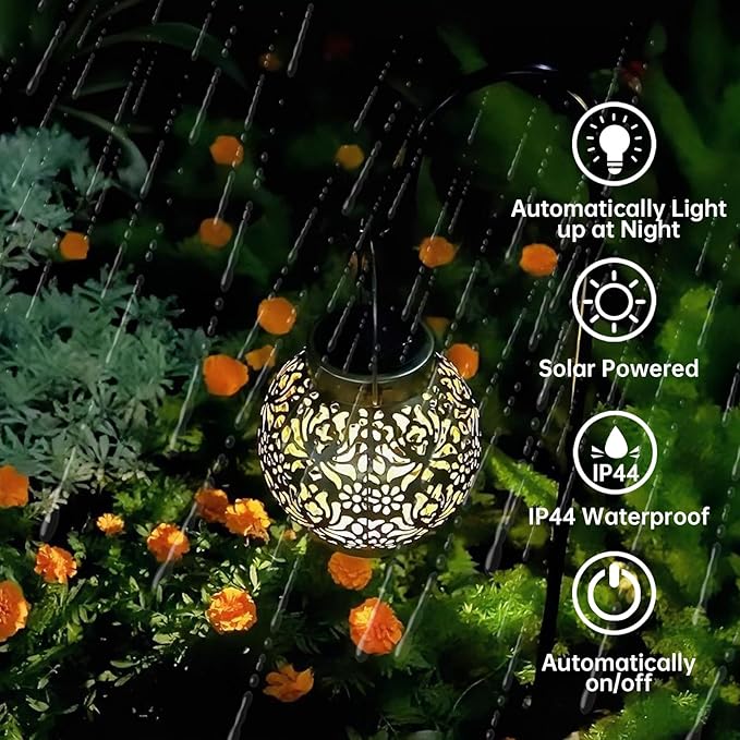 Outdoor Solar Hanging Lantern Lights Metal LED Decorative Lamp for Garden Patio Courtyard Lawn and Table with Hollowed-Out Design (Antique Bronze)