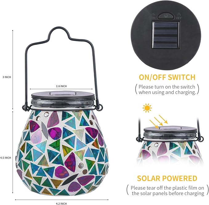 Afirst Mosaic Solar Lanterns - Glass Hanging Lights Butterfly Hollow Out Waterproof Outdoor Decorative for Garden, Patio, Holiday Party Outdoor Decoration, 1 Pack