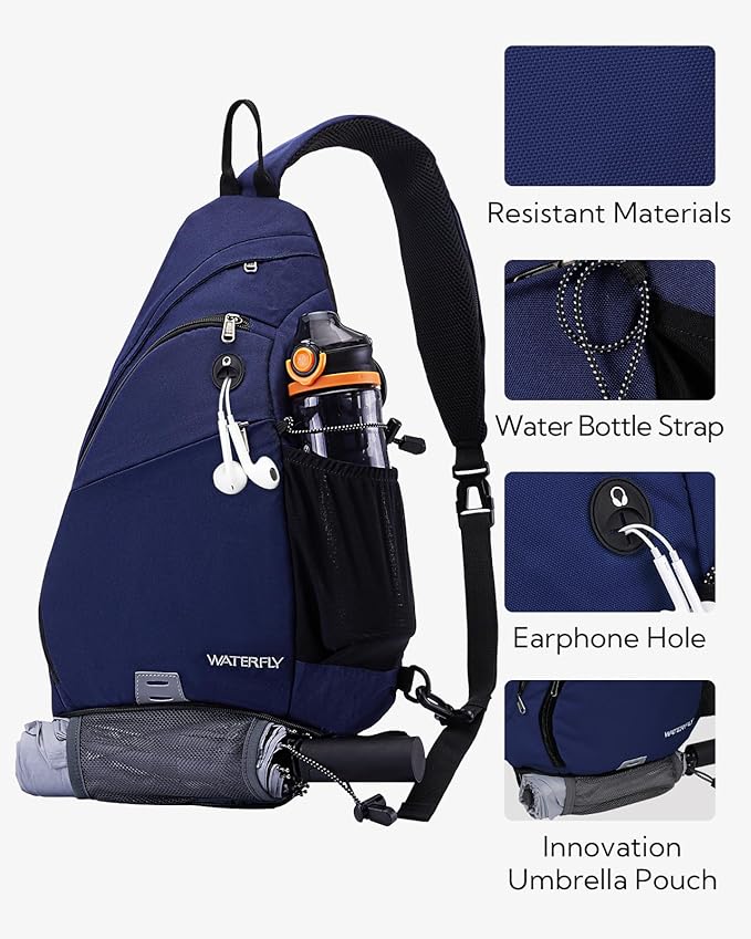 WATERFLY Sling Bag Crossbody Backpack: Over Shoulder Daypack Casual Cross Chest Side Pack (Large, Blue)