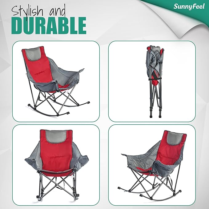 SUNNYFEEL Rocking Camping Chair 2 Pack, Outdoor Oversized Folding Lawn Chair with Pocket, Heavy Duty for Outdoor/Picnic/Lounge/Patio, Portable Camp Rocker Chairs with Carry Bag