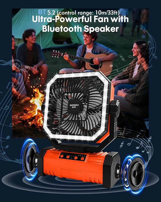 Camping Fan with Bluetooth Speaker Portable Fan,20000mAh Rechargeable Battery Powered Fans, 360° Hanging Hook for Outdoor Picnic Tent Beach Travel Barbecue, Orange