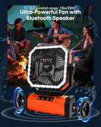 Camping Fan with Bluetooth Speaker Portable Fan,20000mAh Rechargeable Battery Powered Fans, 360° Hanging Hook for Outdoor Picnic Tent Beach Travel Barbecue, Orange