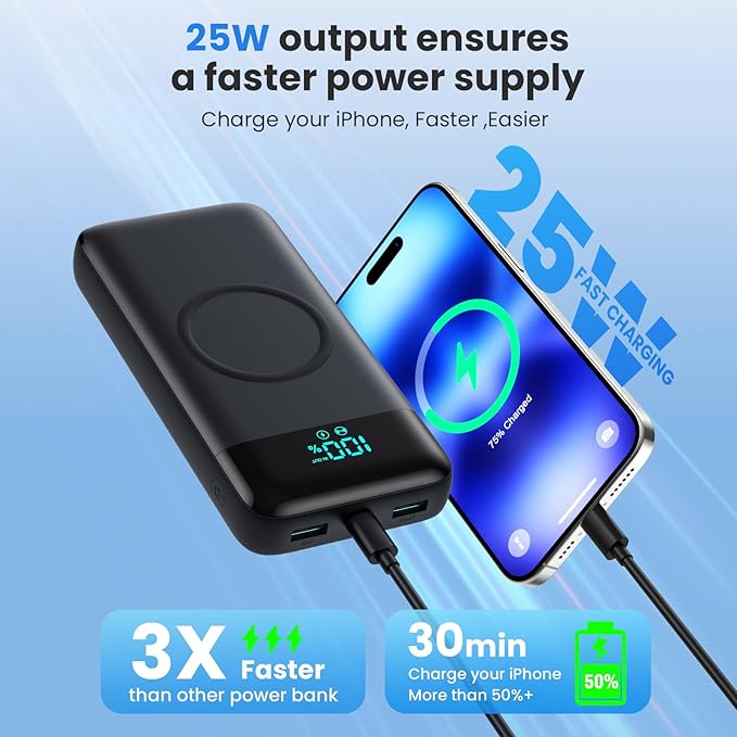 Wireless Portable Charger 40,800mAh with 3 Built-in Cables,15W Wireless Charging 25W PD QC4.0 Fast Charging USB-C Power Bank,7 Outputs LCD Display Battery Pack for iPhone 16/15/14/13/12,Android etc