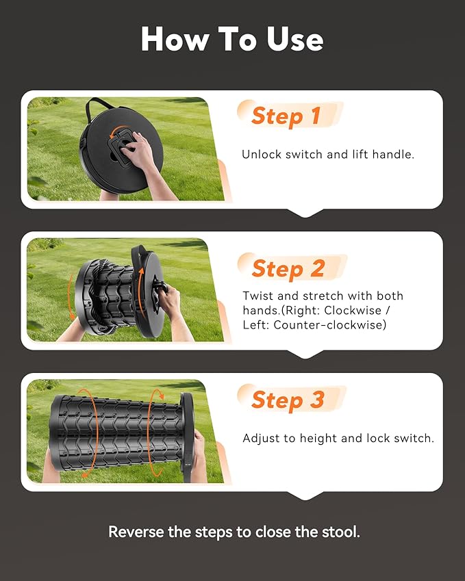 Collapsible Stool for Adults Adjustable Height - Portable Retractable Folding Camping Stool, Extra Tall and Wide Folding Chair, Heavy Duty Outdoor Essentials for Camping, Fishing, Waiting, Hunting