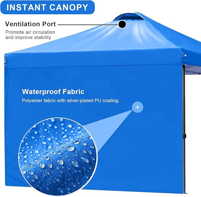 KAMPKEEPER 10x10 Pop Up Canopy Tent with 2 Sidewalls, Beach Tent - Easy Outdoor Sun Shade for Events, Parties, Camping - Gazebo with 4 Weight Bags & Carry Bag.（Blue）