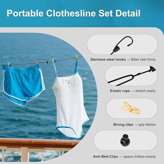 2 Pack Retractable Portable Clothesline, Windproof Clothes Line for Outdoor Camping, Travel, Laundry Drying with 12 Clips for Cruise, Hotel & Home-Sapphire Blue & Colorful