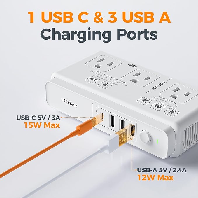 TESSAN Voltage Converter US to Europe 220 to 110, Universal Travel Adapter Voltage Converter with 4 USB Ports (1 USB C), 3 AC and EU UK AU IT in ZA Plug Power Adapter, Step Down Transformer, 6 FT