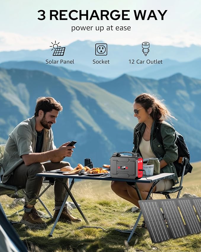 Apowking Portable Power Station Bank 146Wh 200W Peak(100W Rated), Solar Powered Power Bank with AC Outlet 110V for Camping, Solar Charger Power Bank Battery Pack 39600mAh for Home Outdoor Emergency