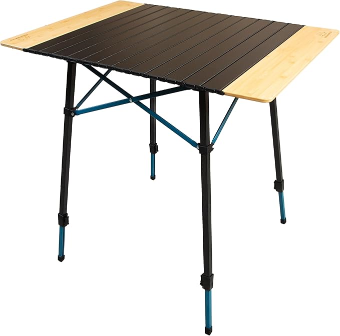 Bamboo/Aluminum Roll-Top Camping Table - Hybrid and Portable Aluminum-Top/Bamboo Folding Table with Adjustable Height Steel Frame by Caddis Sports