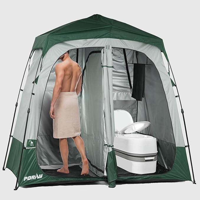 Camping Shower Tent Deluxe Changing Room Easy Set Up Privacy Shelter,Large Toilet Tent with Floor Drain Design for Beach, Camping,Hiking with Stakes and Ropes for Stability