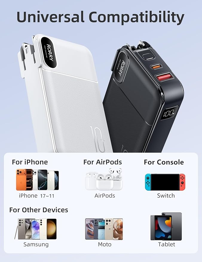 RORRY Portable Charger Built in Cables, AC Wall Plug In Portable Charger Power Bank 10000mAh Travel Battery Pack 22.5W Fast Charging for iPhone 17/16/15 Samsung Galaxy S25/S24/S23 Pixel LG iPad, White