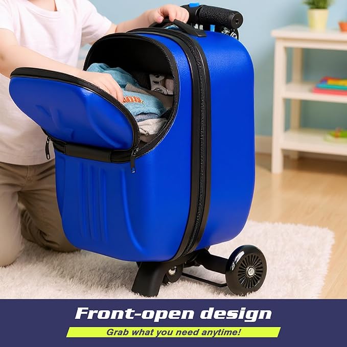 smilesun Foldable Ride On Scooter Suitcase with Front Opening, Lightweight Carry On Scooter Luggage for Adults, Teens & Kids（Blue 20-inch）