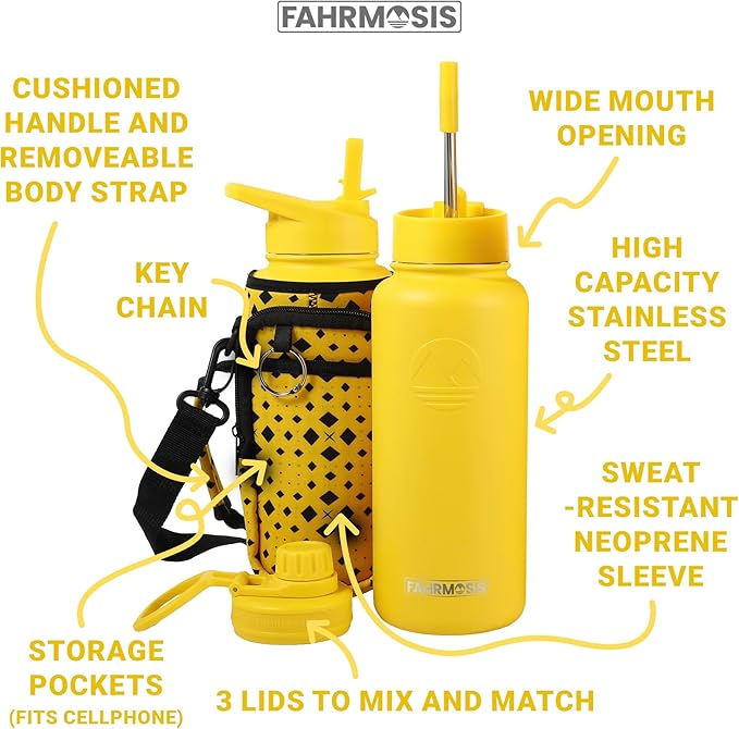 32 Oz Insulated Water Bottle with Strap Stainless Steel Sports Water Bottle with 3 Lids (Straw, Chug & Flip Lid) 1 Liter Leak Proof Insulated Metal Jug for Men & Women - Yellow