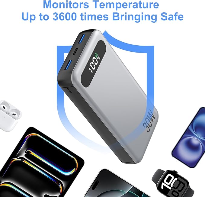 Power Bank 20000mAh, PD 30W and QC 4.0 Fast Charging Portable Charger with 3 Outputs & 2 Inputs and USB C Cable, for iPhone 16/15/15 Pro/15 Pro Max/15 Plus, MacBook, Galaxy, and More