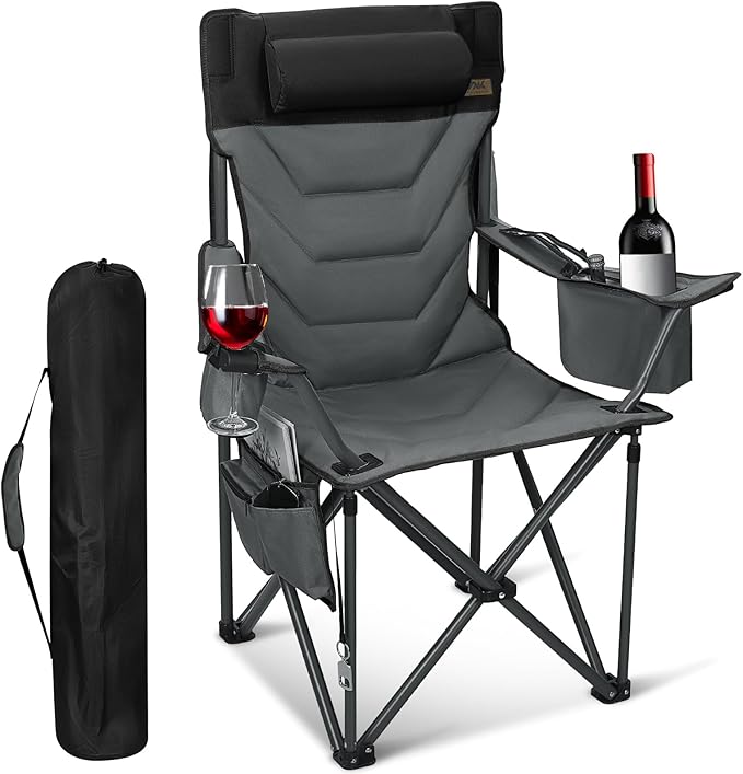 Oversized High-Back Camping Chairs with Pillow, Dual Cup Holders & Cooler Bag - Heavy Duty Foldable Outdoor Chair for Adults, Picnic, Fishing, Backyard, Sports (1, BlackGrey)