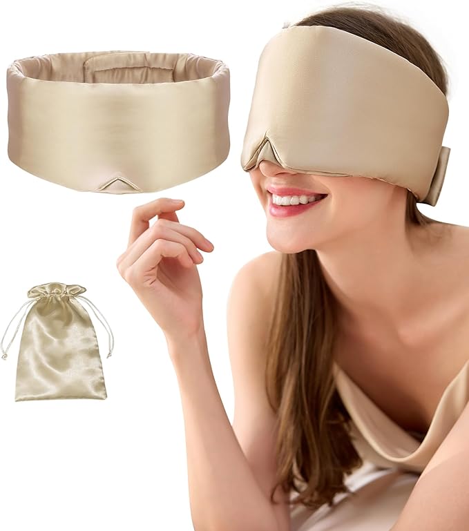 100% Mulberry Silk Sleep Mask, Complete Blackout, Adjustable Velcro Strap, Nasal Wing Design, Large Size, No Eye Cups, Perfect for Side Sleepers, Unisex (Taupe)