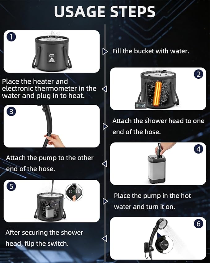 2026 Upgraded Portable Shower with Heater for Camping, 6000mAh Rechargeable Camping Shower Pump with LED Display, 3 Spray Modes 5 Gal Foldable Bucket, Outdoor Shower for Travel RV Pet Bath Car Washing