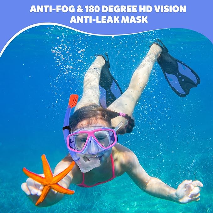 Youth Snorkel Set for Ages 7-16, Snorkeling Gear for Kids with Panoramic View Mask Anti-Fog Anti-Leak Full Dry Top Snorkel Fins Travel Bag for Swimming Diving