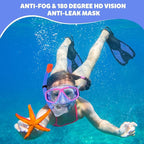 Youth Snorkel Set for Ages 7-16, Snorkeling Gear for Kids with Panoramic View Mask Anti-Fog Anti-Leak Full Dry Top Snorkel Fins Travel Bag for Swimming Diving
