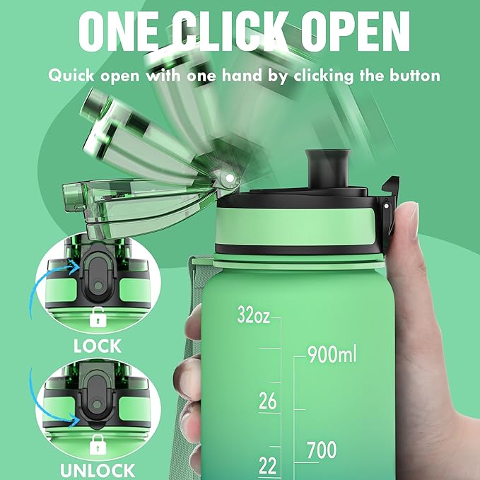 OLDLEY Water Bottle, 32oz Motivational Sports Water Bottle with Time Marker - Times to Drink - Tritan, BPA Free, Wide Mouth Leakproof, Greenish blue (1 Bottle)