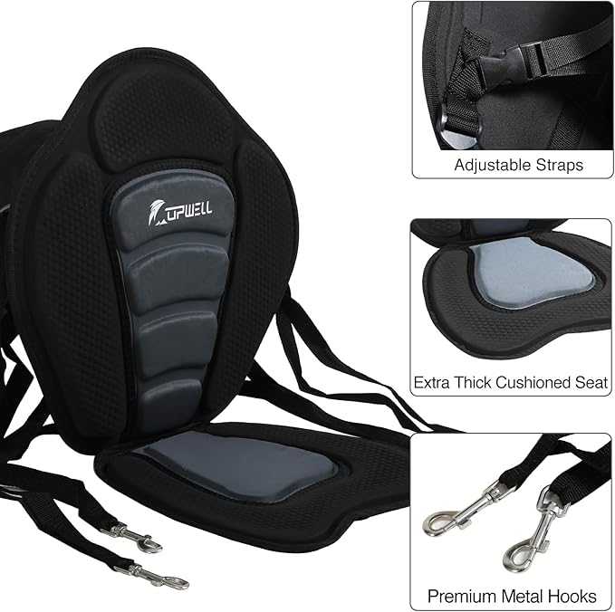 UPWELL Universal Kayak Seat with Detachable Storage Bag & 4 Adjustable Strap, Paddle Board Seat with Memory Foam Padded and Backrest for Kayak, Canoe, Sup