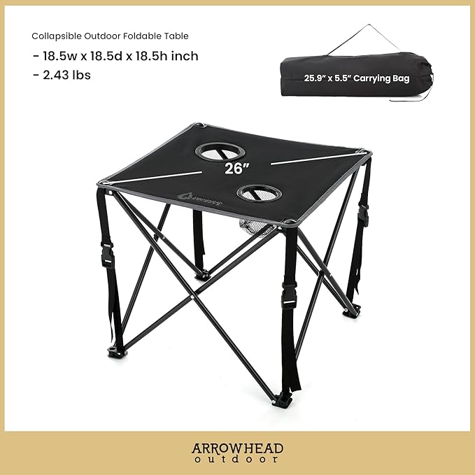 ARROWHEAD OUTDOOR 26” (66cm) Portable Camping Folding Table, 2 Cup Holders, Square, Carrying Case, Steel Frame, High-Grade 600D Canvas