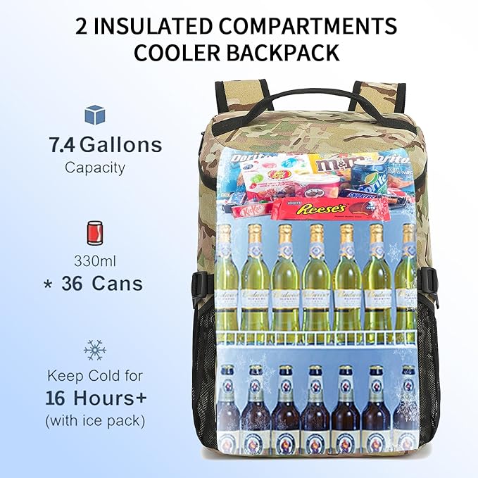 Kalesi Cooler Backpack 36 Cans Lightweight Insulated Backpack Cooler Leak-Proof Travel Camping Lunch Backpack Outdoor Cutlery Backpack for Men and Women