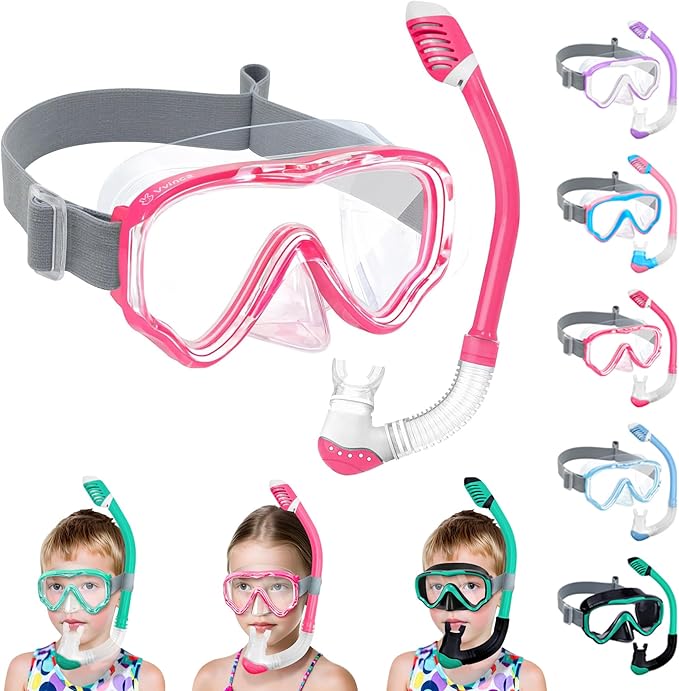 Vvinca Snorkeling Gear for Kids Dry Top Kids Snorkel Set for Boys Girls Junior Youth Children Age 4-14 Swim Goggles with Nose Cover Anti-Fog Panoramic View Adjustable Elastic Diving Mask and Snorkel