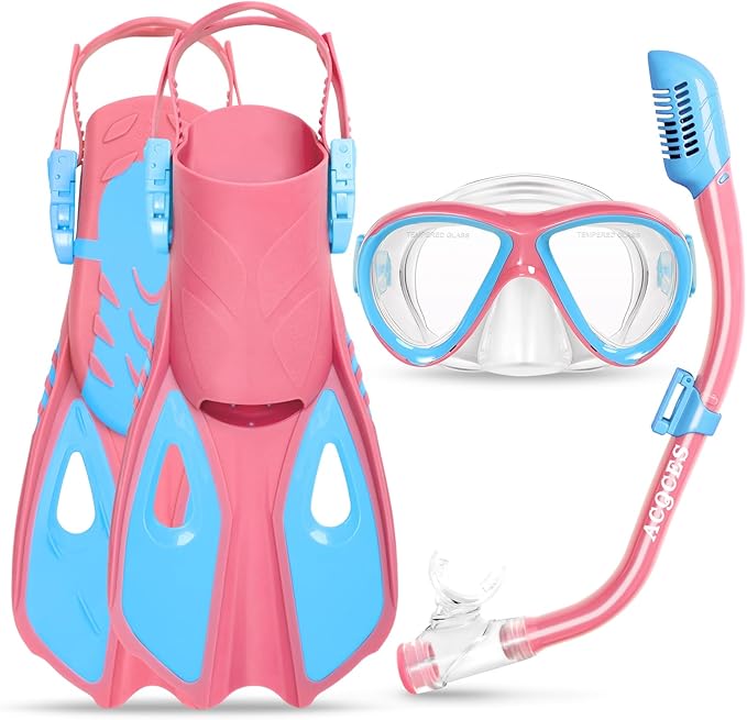 Snorkeling Gear for Kids Ages 5-15, 4 in 1 Mask Fins Snorkel Set with HD Tempered Glass Panoramic View Anti-Fog Mask, Dry Top Snorkel, Adjustable Trek Fins, and Mesh Bag, Kids Snorkel Set for Youth