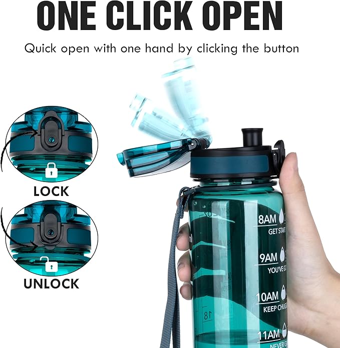OLDLEY Water Bottle, 32oz Motivational Sports Water Bottle with Time Marker - Times to Drink - Tritan, BPA Free, Wide Mouth Leakproof, Deep Sea (1 Bottle)