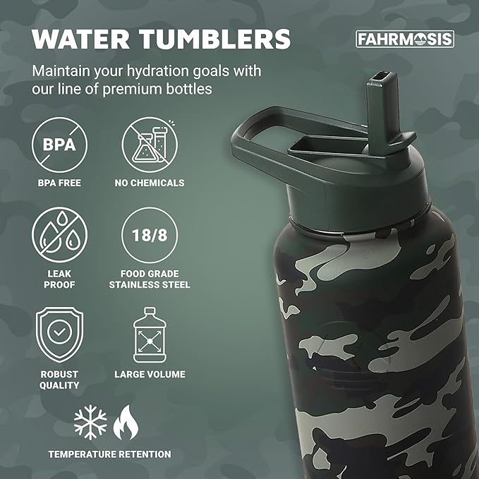 32 Oz Water Bottle with Straw Stainless Steel Sports Water Bottle with 3 Lids (Straw, Chug & Flip Lid) 1 Liter Leak Proof Insulated Metal Jug for Men & Women - Camo