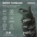 32 Oz Insulated Water Bottle with Strap Stainless Steel Sports Water Bottle with 3 Lids (Straw, Chug & Flip Lid) 1 Liter Leak Proof Insulated Metal Jug for Men & Women - Camo