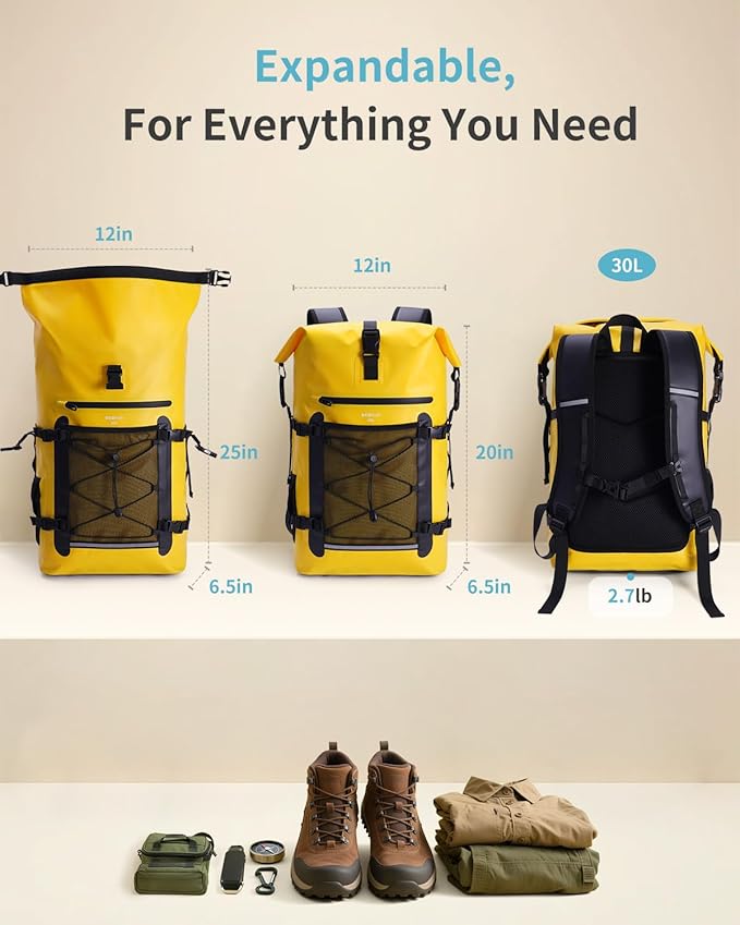 ECOHUB Waterproof Backpack for Women Men, 30L Roll-Top Closure Heavy Duty Dry Bag for Travel with IPX8 Waterproof Phone Case